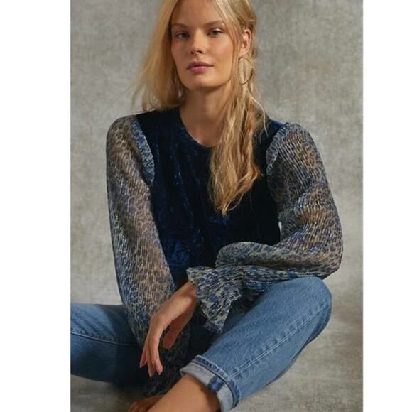 Anthropologie Sheer Velvet Long Sleeve Navy Animal Print top Medium - Picture 2 of 4